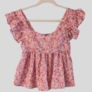 Shein Pink Floral Babydoll Top XS Ruffle Sleeve Cottagecore